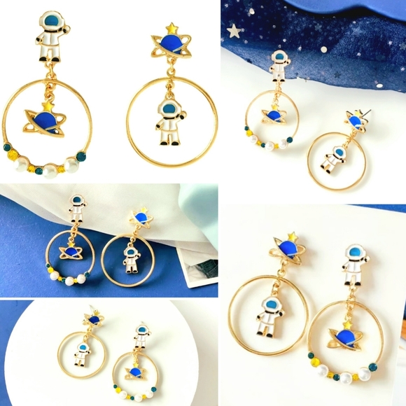 Gold plated Pearl Spaceman planet star earrings w/ silver post choose your style - Picture 2 of 16
